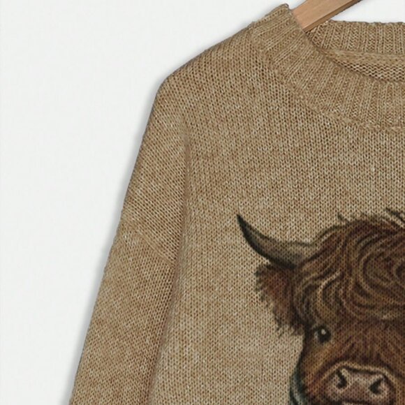 Brown Casual Women's Cow Print Crew Neck Pullover - Picture 6 of 7